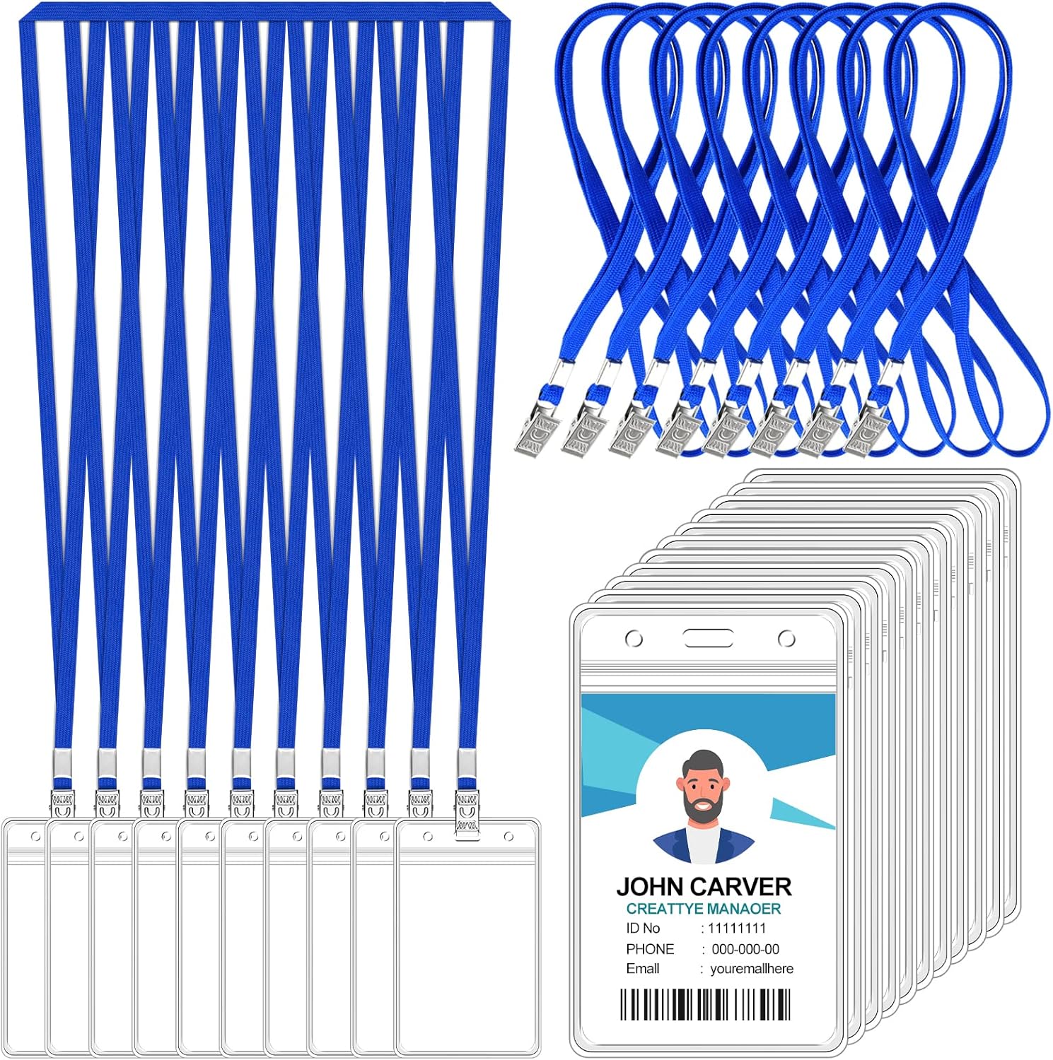 100 Pcs Clear Vertical Badge Id Card and 100 Pcs Lanyard, Reusable Lanyards for Id Badge Holder Name Tag Badge Holder with Lanyards for Adults Kids Business School Conferences (Blue)