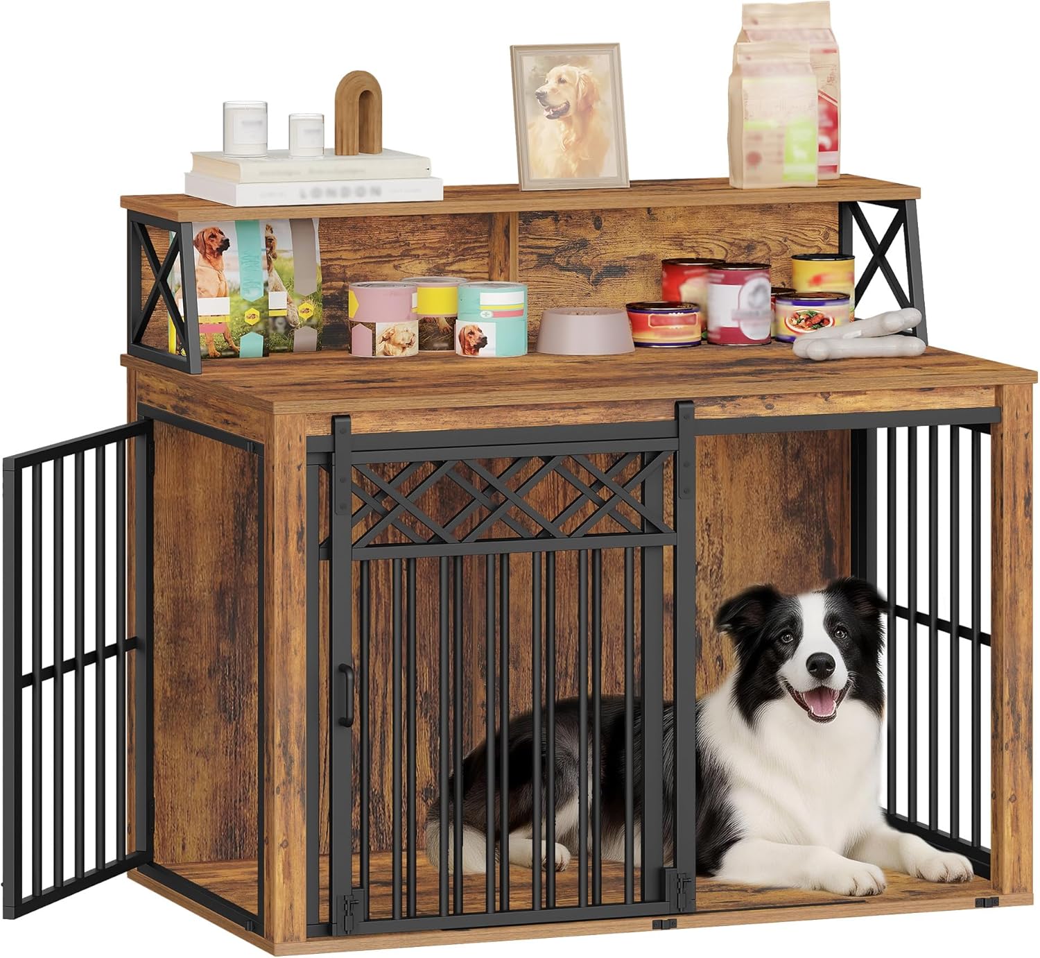 39.4'' Dog Crate Furniture, Large Wooden Dog Crate with Storage and 3 Doors, Indoor Kennel for Medium/Large Dogs, End Table with Barn Door, Chew-Proof and Escape-Proof, Rustic Brown DFC87401B