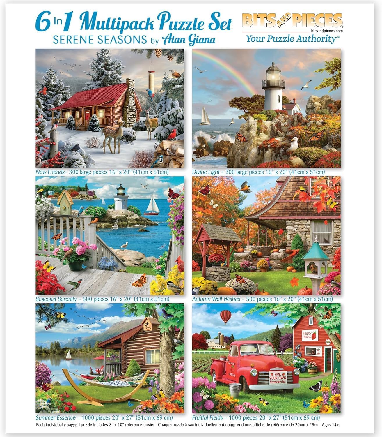 Bits and Pieces 6 Jigsaw Puzzle Multi Pack Jigsaw Puzzles for Adults - Serene Seasons by Alan Giana - Includes 300, 500, and 1000 Piece Puzzles