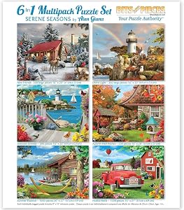 Bits and Pieces - Alan Giana 6-in-1 Multipack Puzzle Set for Adults - Serene Seasons - Two 300, Two 500, & 2 1000 pc Winter Light House Beach Autumn Lake Farm Puzzle Set Jigsaws