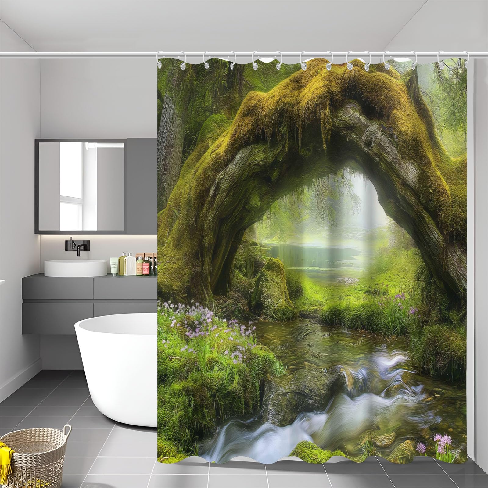 Rideau de douche imperméable et lavable 240x200 en polyester à motif ruisseau et forêt