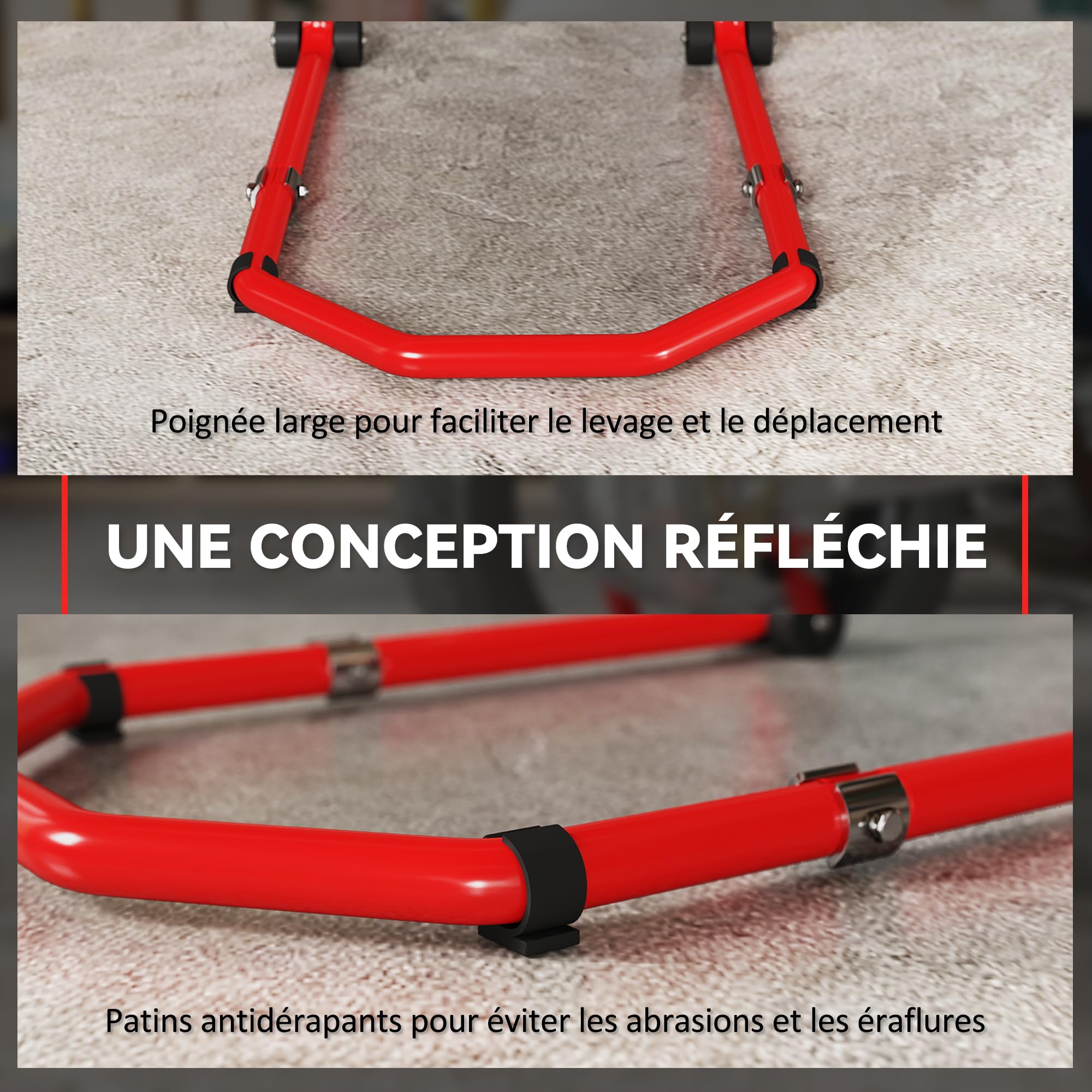 HOMCOM Béquille Roue Avant Arrière Charge 390 kg Bras Réglable Rouge | Béquille d'Atelier Moto, En Acier, Lève-Moto Fourche en Forme de U + L, Réparation Entretien Stockage Domicile