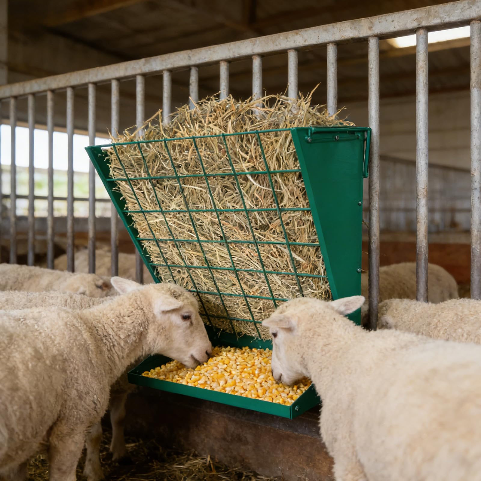 Garvee Henera de Pared 2 en 1 para Caballos y Ganado, Comedero de Heno y Grano de Acero al Carbono con Recubrimiento de Polvo, Alimentador de Forraje Resistente para Cabras y Ovejas, Verde Oscuro