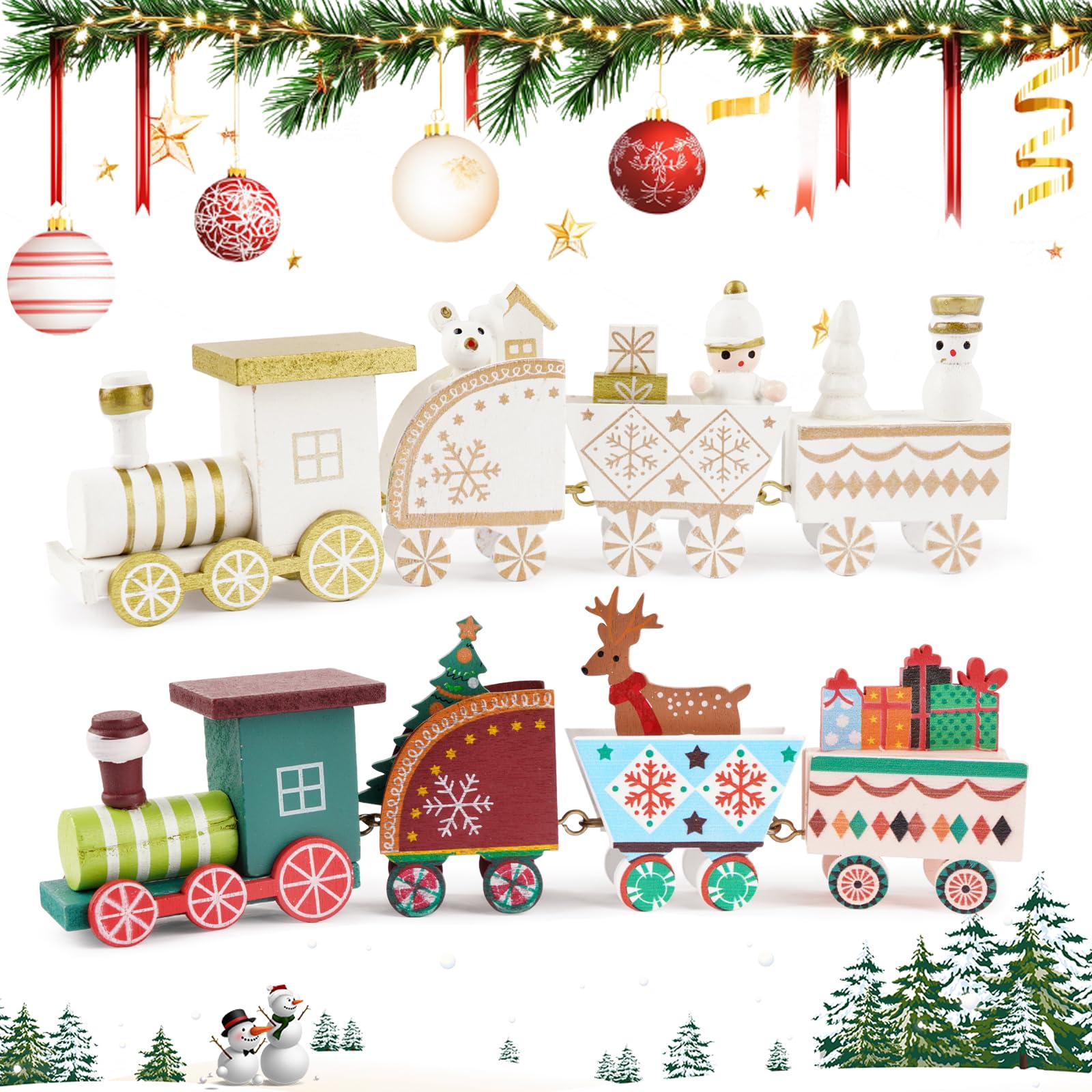 FLOFIA 2pcs Pequeño Tren Navideño de Madera con 4 Vagónes Variados 20x6x3cm, Mini Tren Madera de Navidad, Adorno de Navidad para Decoración Regalos Navideños Mesa Escaparate, Blanco + Colorido