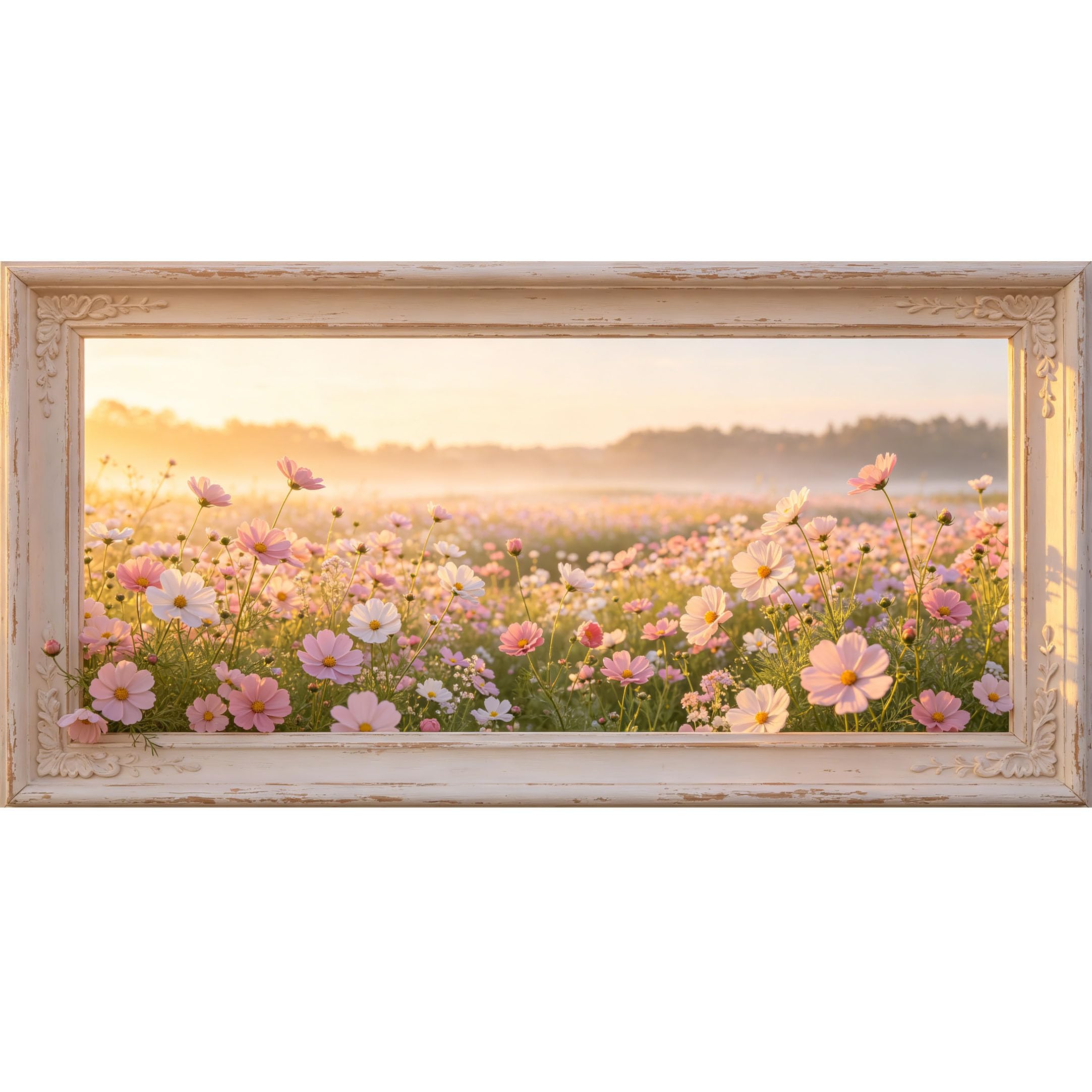 Agglomerix 3D Framed Wall Art Cosmos Flower Meadow Botanical Landscape Sunrise Scenery Large Size SelfAdhesive Removable Wall Decor Prints Artwork for Living Room Bedroom Office