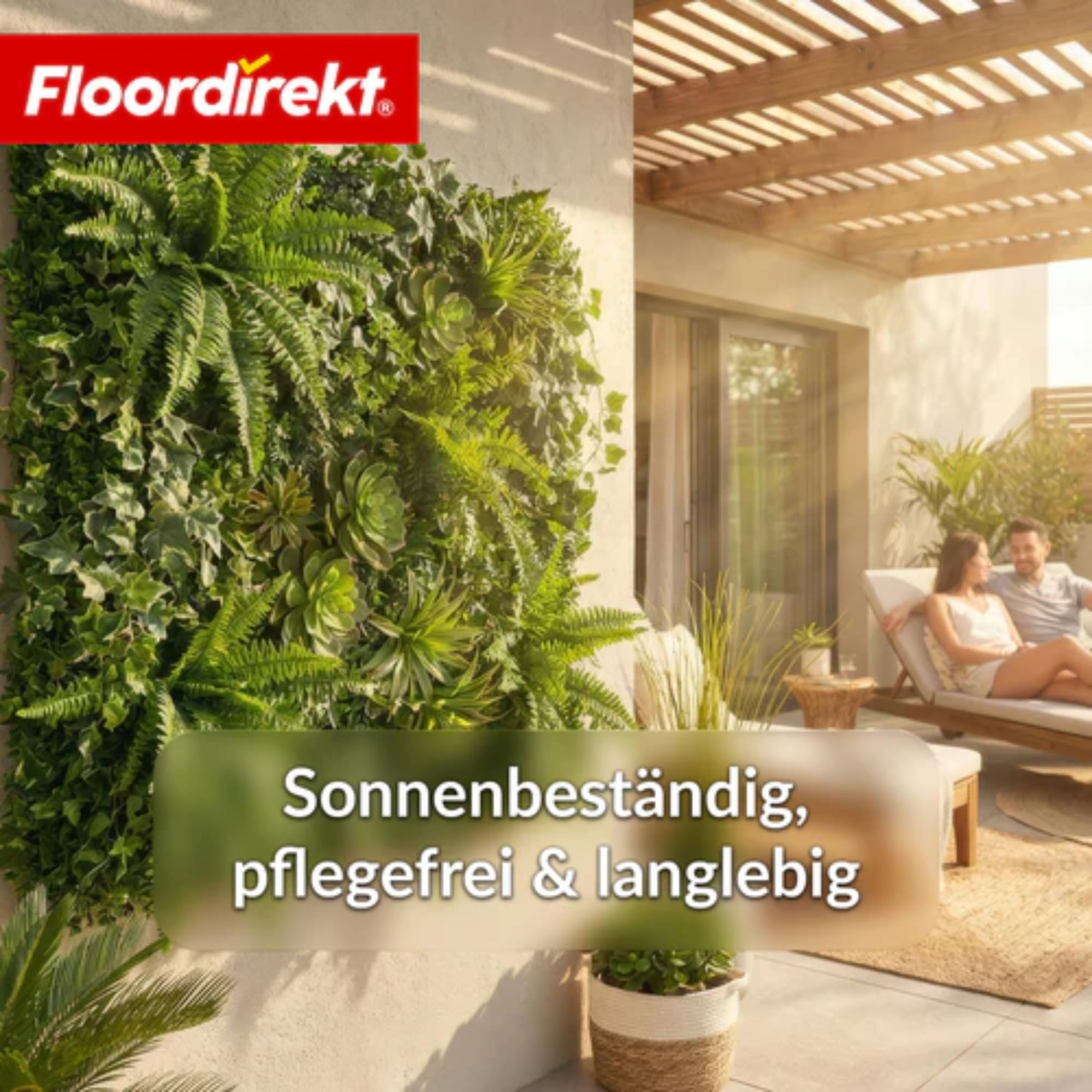 Floordirekt Ścianka na rośliny Spring Garden 100 x 100 cm, sztuczna ściana z systemem zatrzaskowym, wierna naturalna, bez pielęgnacji zielona ściana, do użytku wewnątrz i na zewnątrz