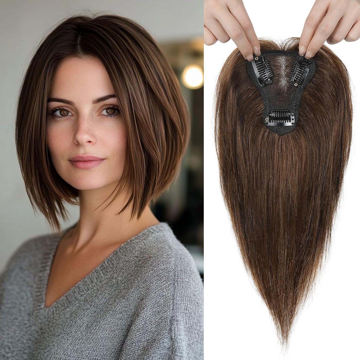 REECHO Human Hair Topper, 10 Inch Hair Toppers for Women Real Human Hair, Real Human Wiglet Adding Targeted Coverage for Thinning Hair, Medium Brown