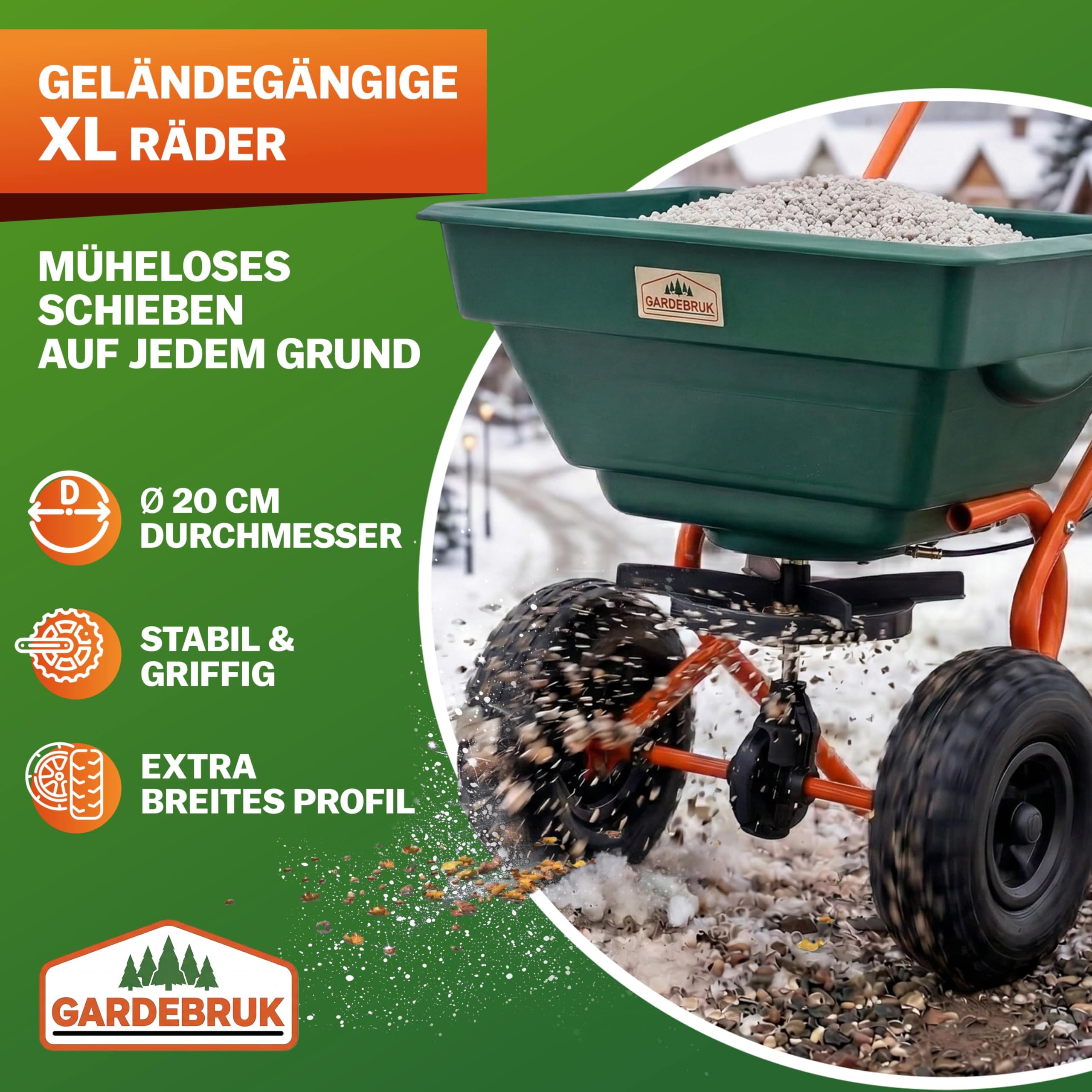 GARDEBRUK® Streuwagen 20 L Streumenge einstellbar XXL Luftreifen - Saatgutstreuer Streuer für Salz Dünger Rasen Saatgut