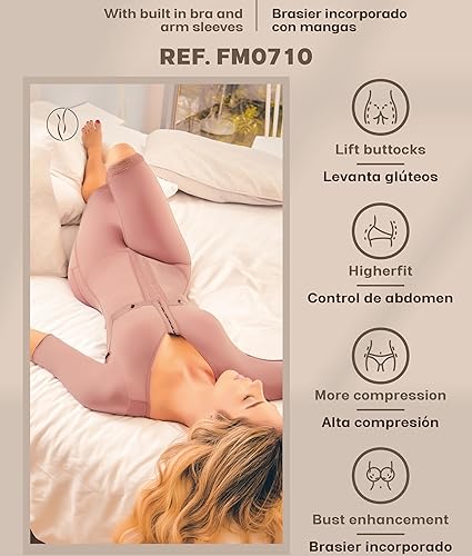 Miniatura 4 de 0710 Fajas Colombianas Moldeadoras con mangas y sujetador, faja moldeadora para control de abdomen en Powernet, longitud hasta la rodilla, ganchos