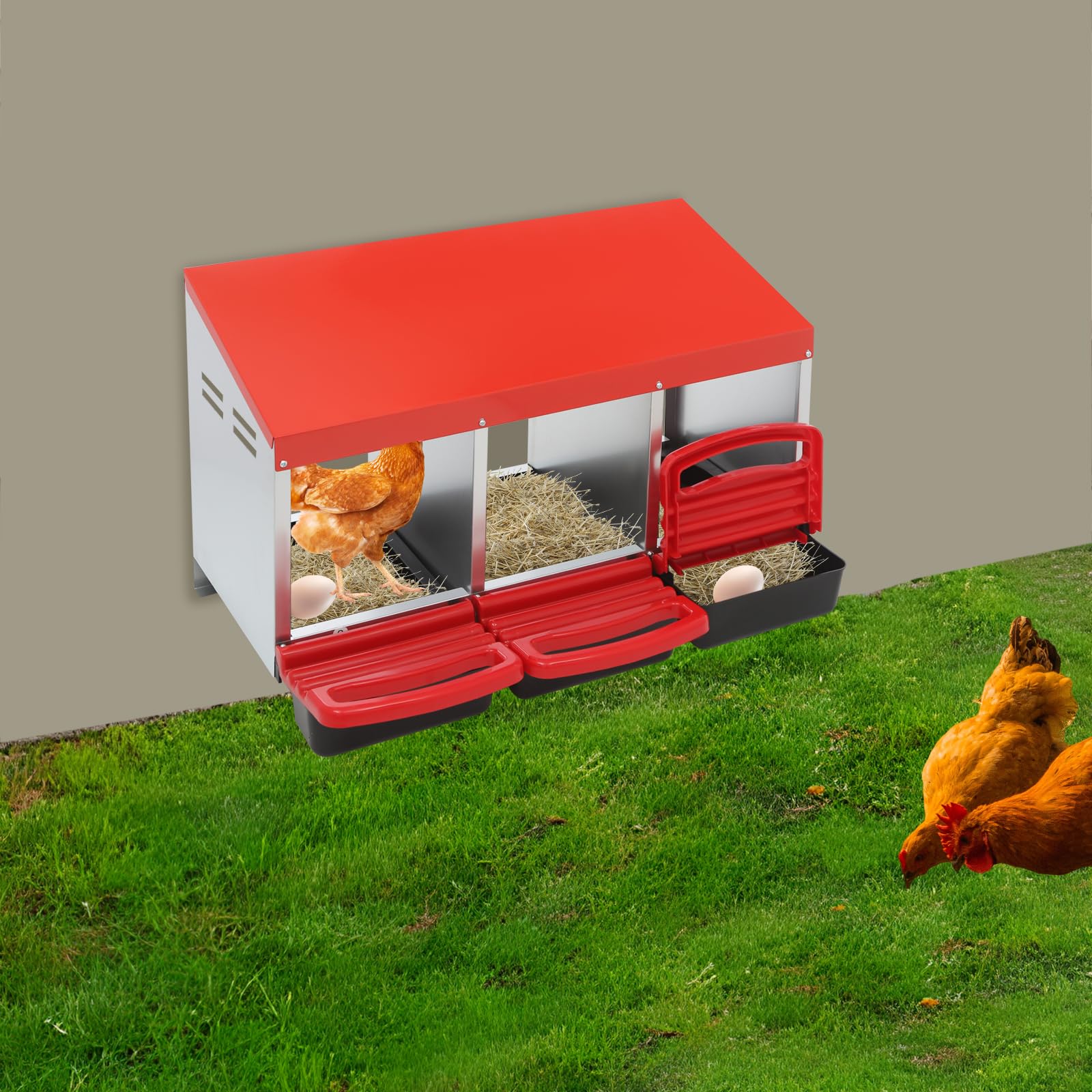 Nido para pollos, 3 compartimentos, acero galvanizado, 81 x 52 x 48 cm | Con recolección automática de huevos nidos para aves de corral para montaje en pared o en el suelo en el gallinero