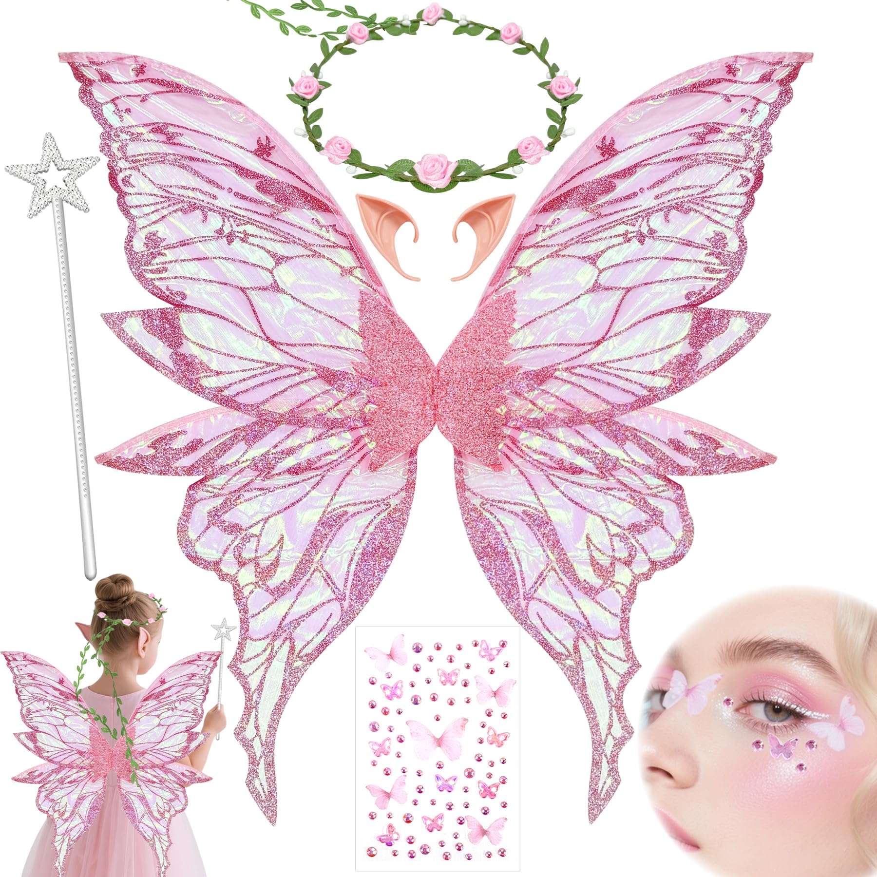 YeahBoom Children's fairy wings, butterfly wings with elf ears, fairy headband and star fairy wands, butterfly wings, princess wings, wing costume for carnivals or parties
