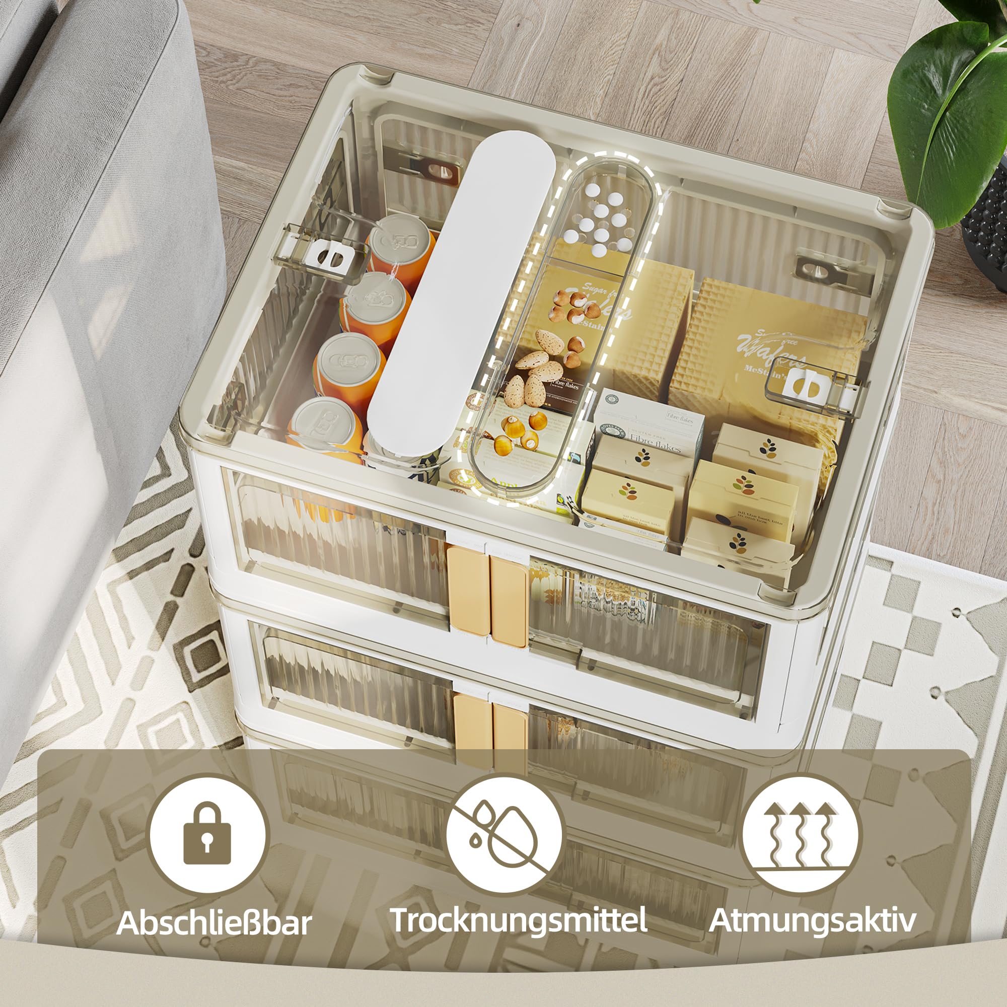 NETEL Aufbewahrungsbox mit Deckel, 83L 4 Stück Boxen Aufbewahrung, Stapelboxen, Plastikbox mit Deckel, Faltbare Aufbewahrungsboxen mit Tür und Rollen, 5 Seiten sind zu öffnen, Transparent und Stabil.