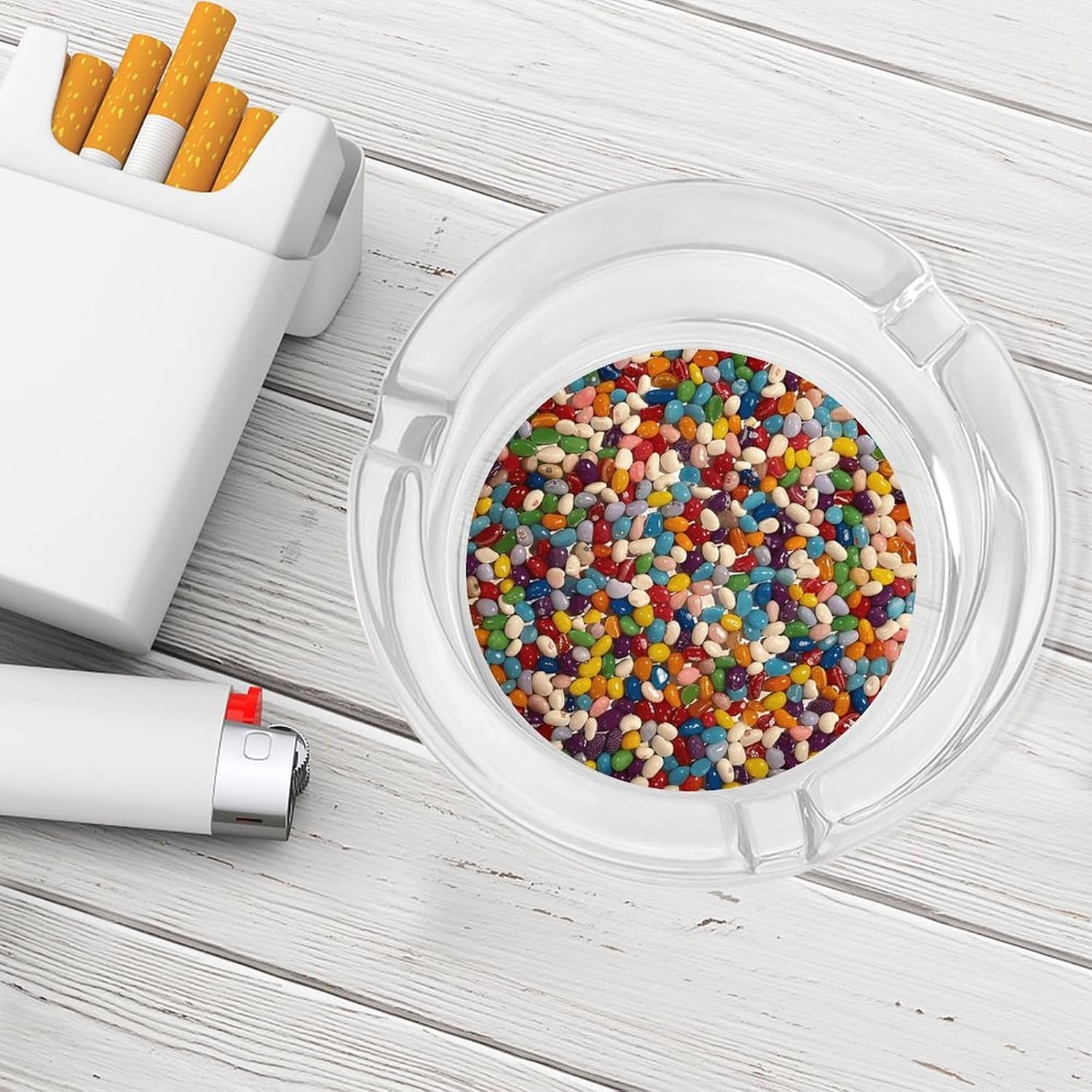 Glass Ashtrays,Assorted Jelly Beans Printed Round Ashtrays Portable Decorative Modern Ashtrays Non-slip Ashtrays for Home Office Indoor Outdoor