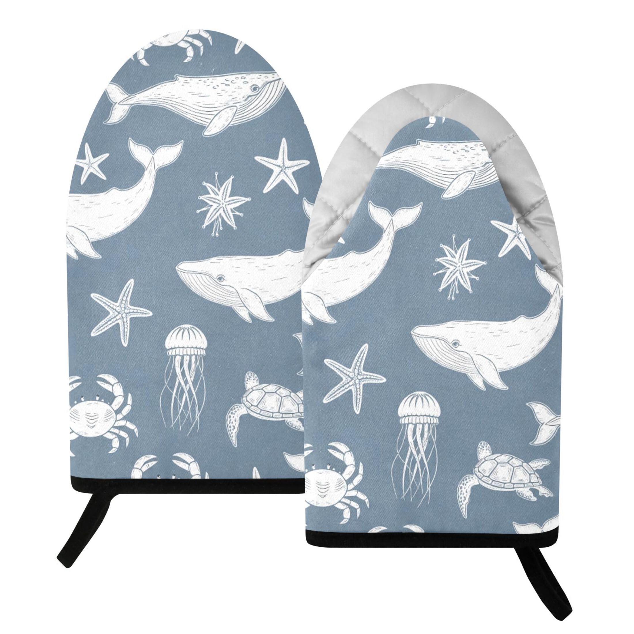 Fuauuyl Oven Mitts Heat Resistant Kitchen Gloves, Whale Crab Starfish Classic Oven Gloves with Hanging Loop for Baking BBQ Cooking Grilling, 1 Pair, 9.5 in