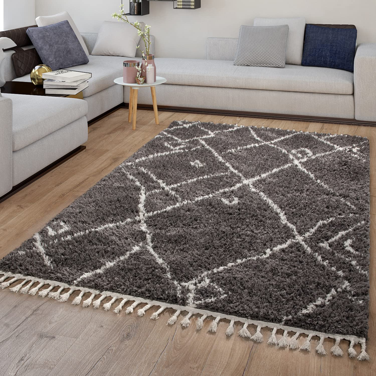 TT Home Tapis De Salon Tapis Shaggy Poil Long Abstrait avec Franges Tapis Scandinave, Couleur: Anthracite, Dimension:140x200 cm