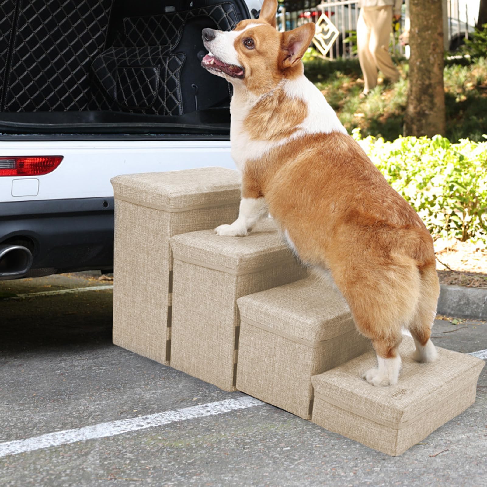 Escaleras para perros de compañía – Caminatas de sofá para perros de 4 pasos para mascotas – Escalera de interior plegable para perros con almacenamiento, rampa antideslizante Flavas