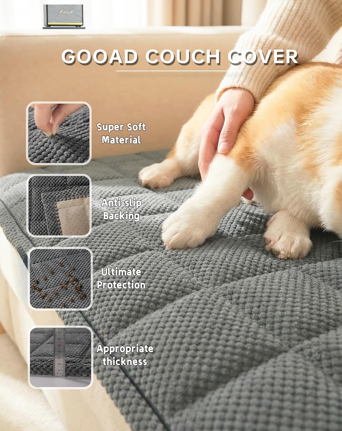 Couch Cover for Sofa and Dogs, Washable Waterproof Sofa Cover, Pet Couch Protector with Non Slip for 3 Cushion Couch Pet Friendly Furniture Cover (Dark Grey,27.6" x 59"/70 x 150cm)
