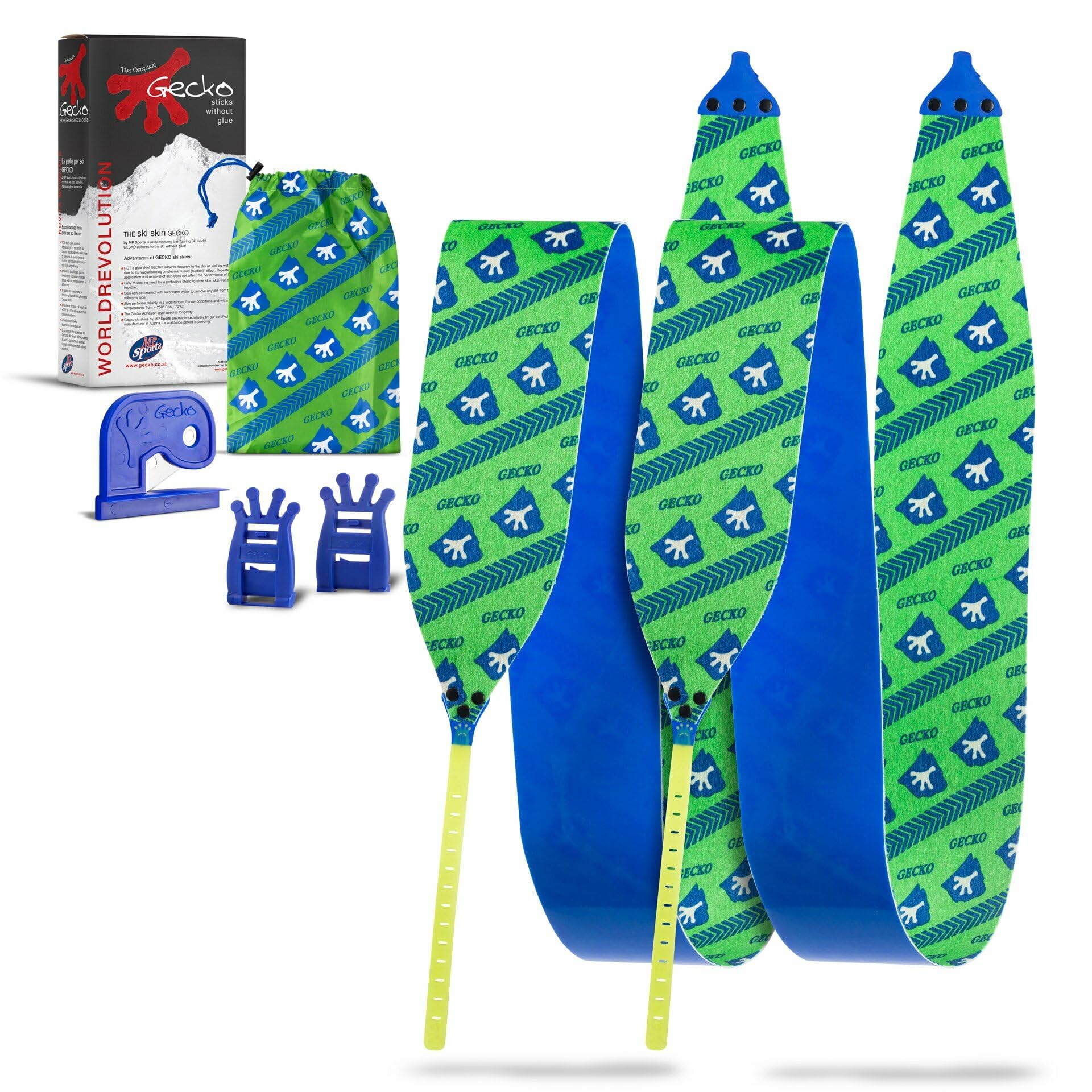 Gecko Premium Standard Skifell | Auf Skilänge anpassbar | mit Messer, vormontiertem Endsystem, Nieten und Felltasche | Steigfell | Tourenfell | Adhäsionsfell | Aufstiegshilfe | Skizubehör