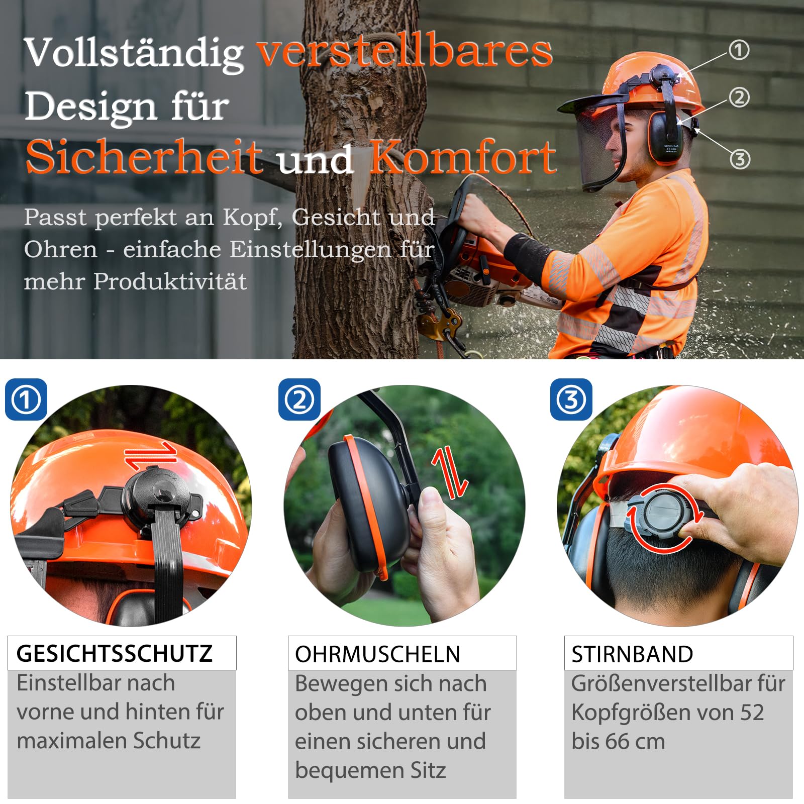 Kettensäge Helm mit Visier und Gehörschutz, Forsthelm für Herren gesichtsschutz, Helm Motorsäge, Sicherheitshelm, Abnehmbare Anti-Beschlag-Brille und Kinnband