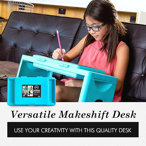 Miniatura 6 de Loddie Doddie Par de escritorio plegable con bolsillo de almacenamiento, color rubor y verde azulado. Uso perfecto para portátiles, viajes, desayuno