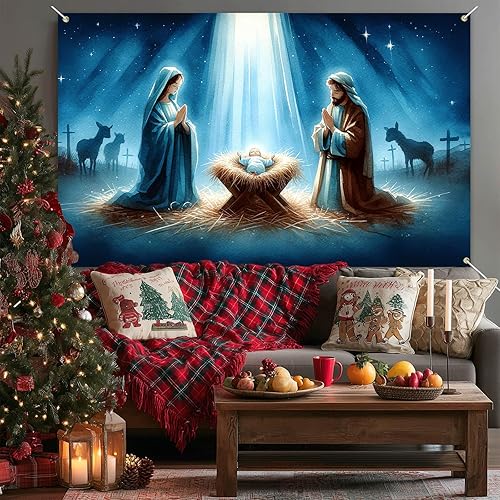 Miniatura 2 de Fondo de escena de pesebre de 71 x 43 pulgadas, pancarta religiosa cristiana para iglesia, interior y exterior, telón de fondo de fotos de Navidad,