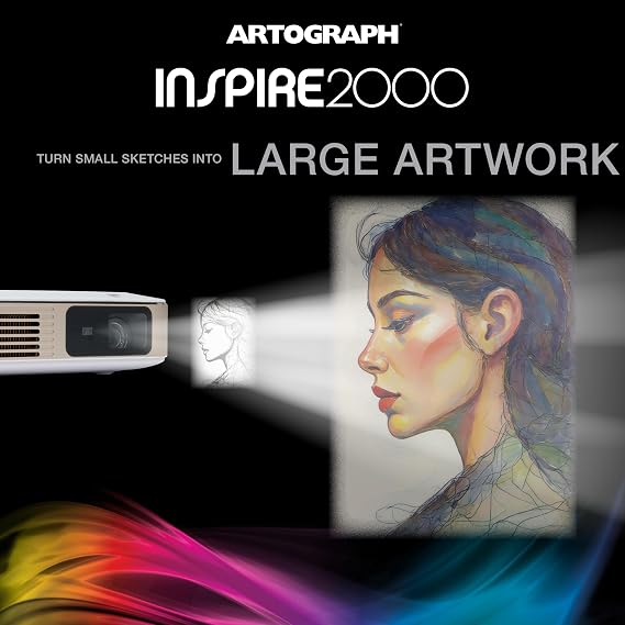 Artograph Inspire 2000 Digital Art Projector for Artists, Full HD 1080P DLP Projector with 96 Built-In Art Grids, Auto Focus, Auto Keystone, WiFi 6 Screen Mirroring, Rechargeable Battery