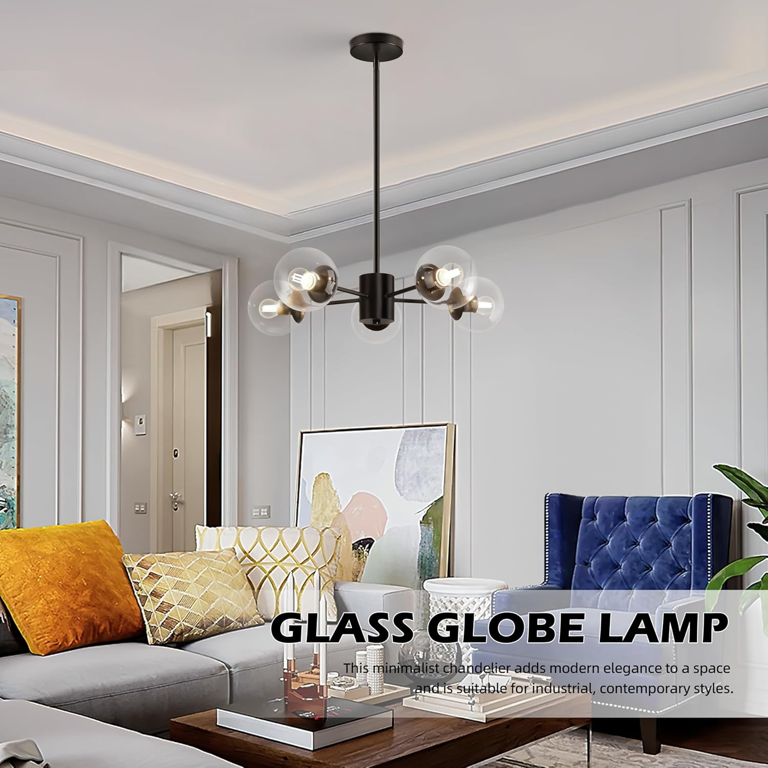 5-Light Globe Sputnik Chandelier Black Mid Century Sputnik Chandeliers Dimmable Globe Pendant Light Matte Black Finished with Clear Glass Lampshade Chandeliers for Dining Room