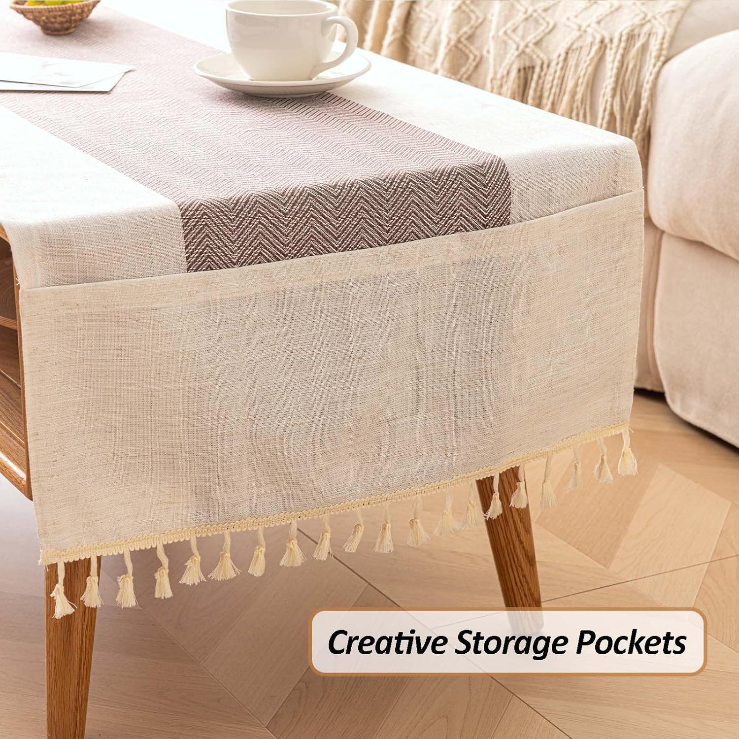 Waterproof Coffee Table Cover, Rectangle Cotton Linen Coffee Table Cloth With Pockets And Tassel For Living Room Tea Table Fridge Washer Dryer Top Dust Cover-Beige and Coffee With Pocket- 20" x 60"