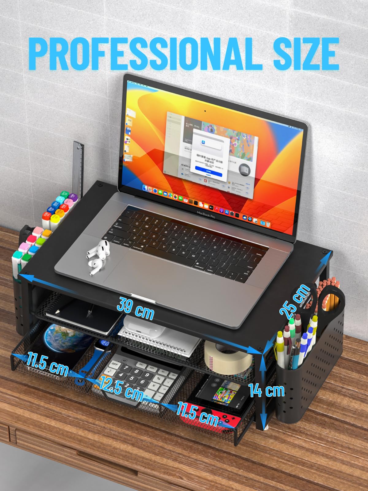 MOWETOO Soporte para monitor con 2 niveles, soporte para impresora, soporte para monitor con plataforma de rejilla, cajón y soporte para bolígrafos, adecuado para portátiles, ordenadores, PC — view 5