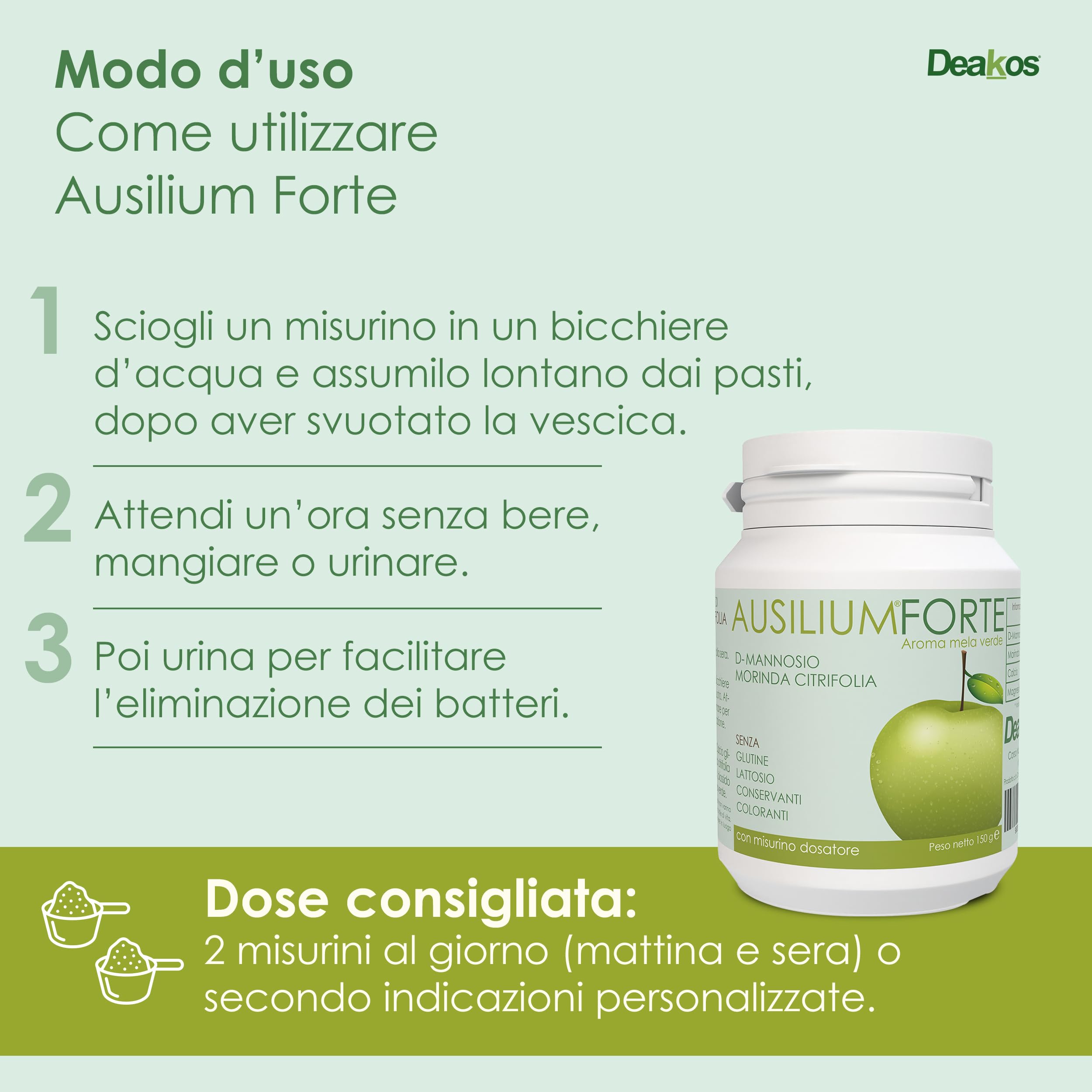 Deakos Ausilium Forte 150g - Integratore Cistite Donna e Benessere delle Vie Urinarie - In Polvere Gusto Mela Verde - A base di D Mannosio Puro e Morinda Citrifolia - Senza Glutine e Lattosio