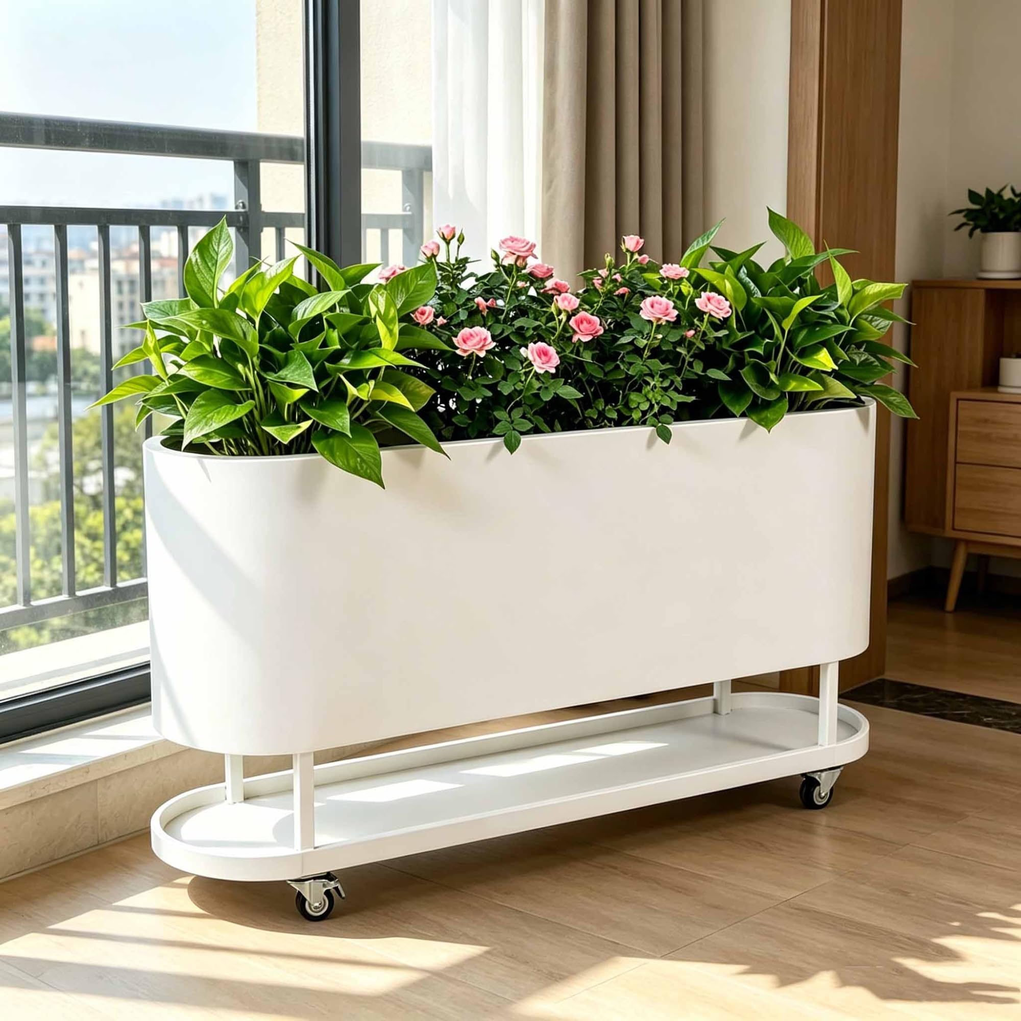 Jardinière surélevée à roulettes blanche 80x30x60cm avec plateau de rangement