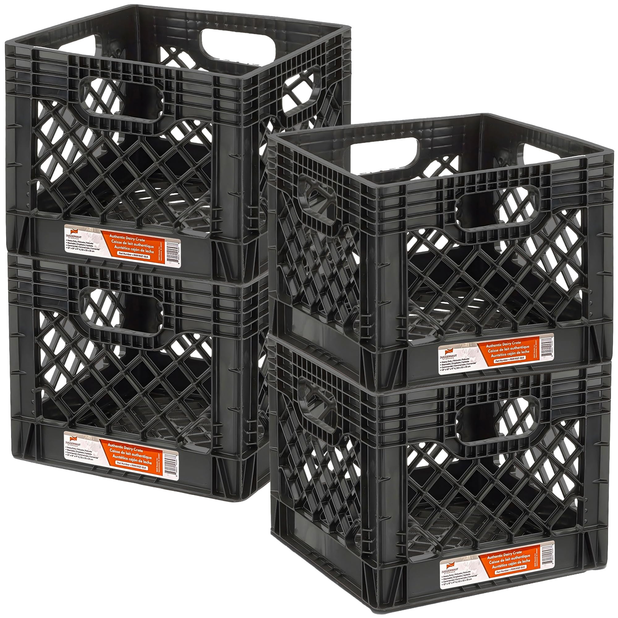 Juggernaut 16 Quart Storage Crate, Milk Crate Plastic Basket w/ 4 Handles, Organizer Bins for Office Storage & Classroom Organization, 4-Pack, Black