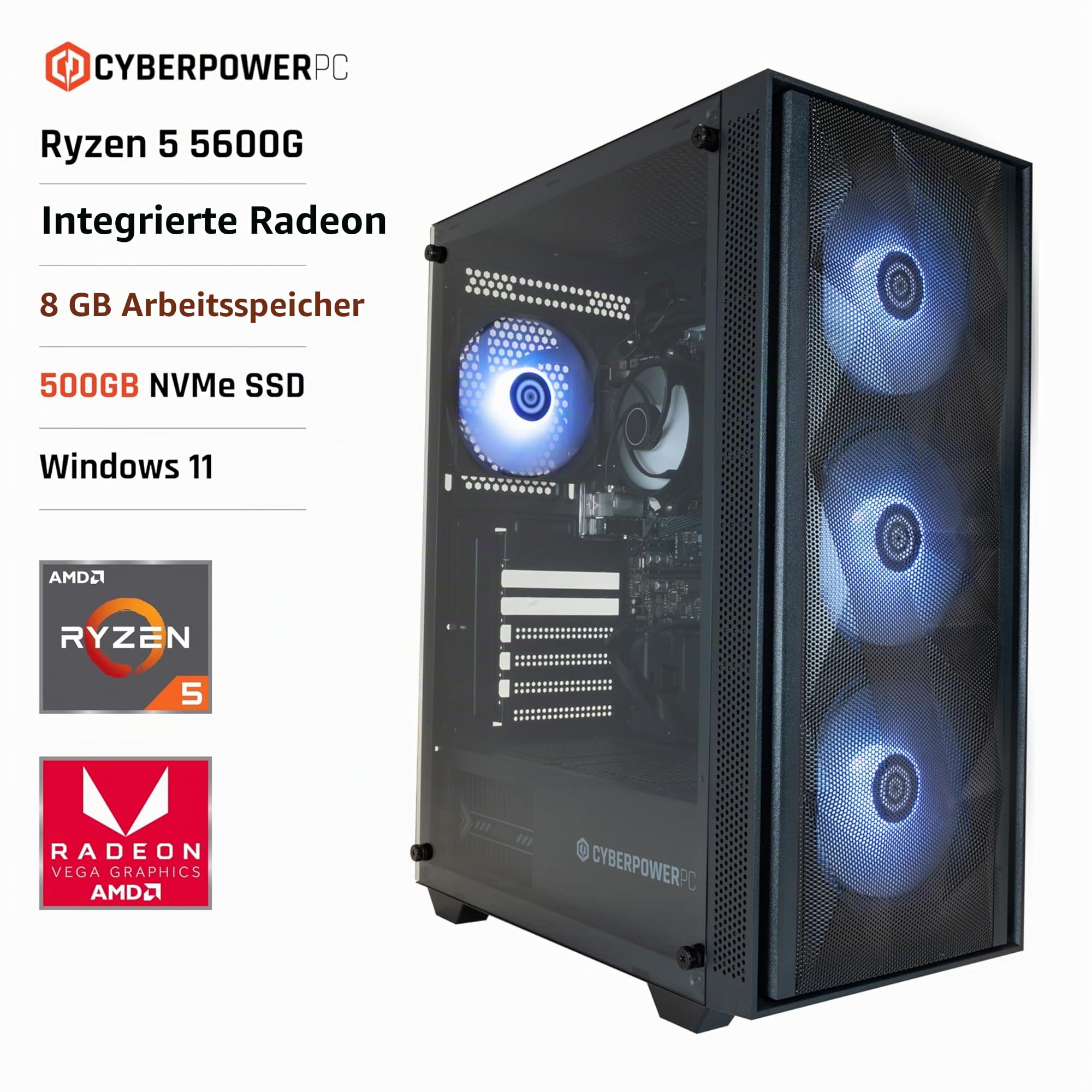 CYBERPOWERPC Regiment Gaming PC - AMD Ryzen 5 5600G, 8GB RAM, 500GB NVMe SSD, 450W PSU, Wi-Fi, Windows 11, Sylph