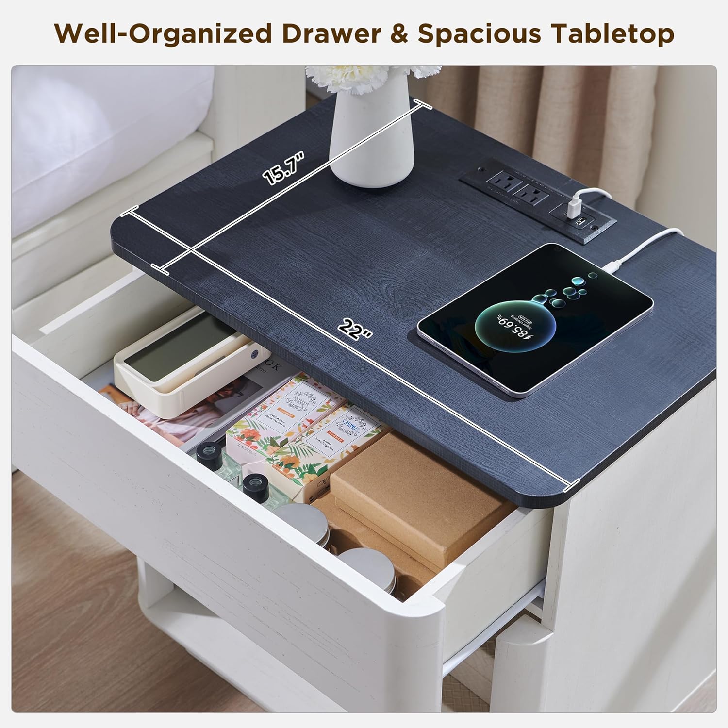 ACCOHOHO Modern Nightstand Set of 2 with Charging Station, 22" Wide Wood Side Table with Large Drawer & Open Storage, End Table for Bedroom, Living Room, Curved Profile Design, White