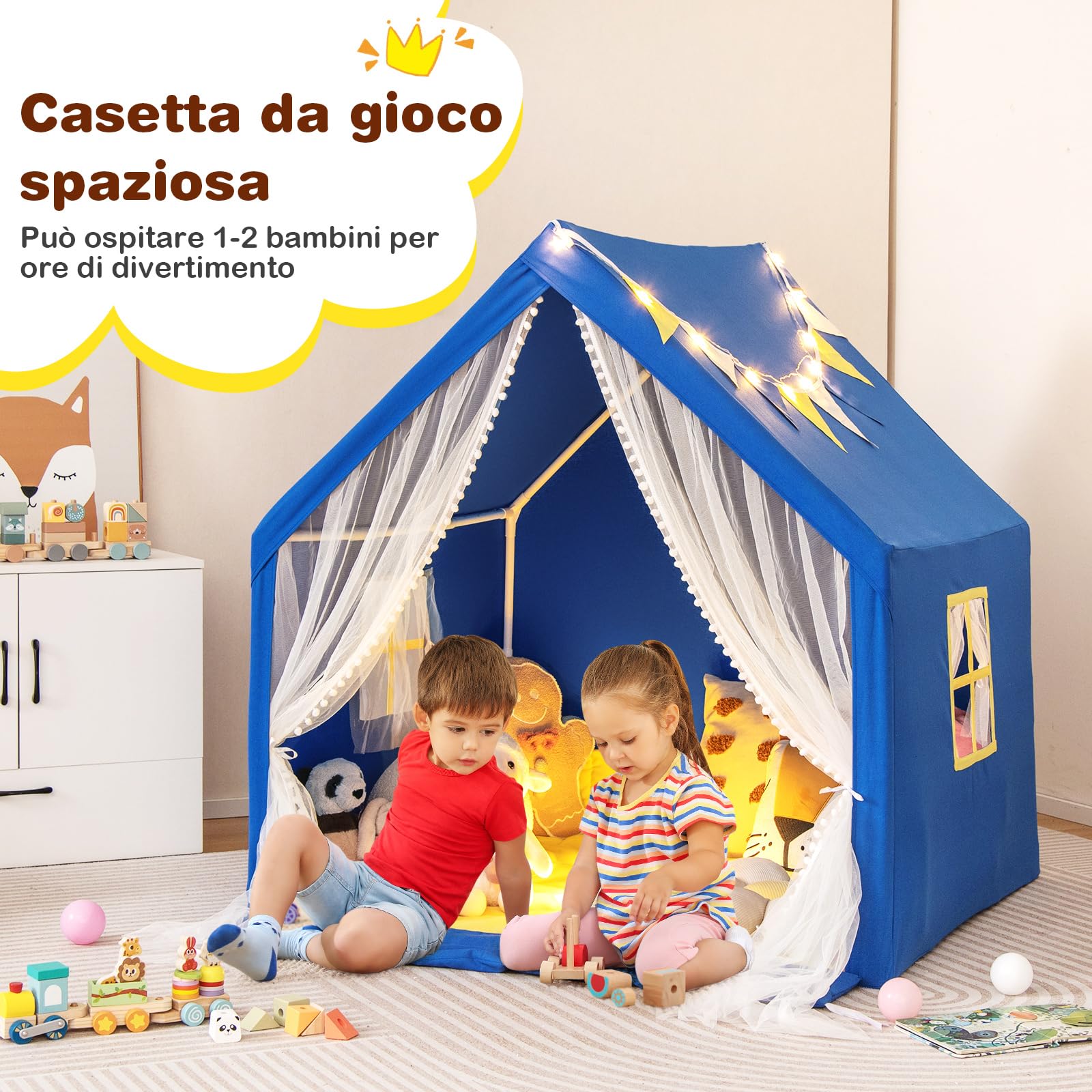 COSTWAY Tenda da Gioco per Bambini, Casetta per Bambini con Tappeto in Cotone Lavabile Luci Stellari e Finestre, Tenda del Castello, 122x105x125 cm (Blu)