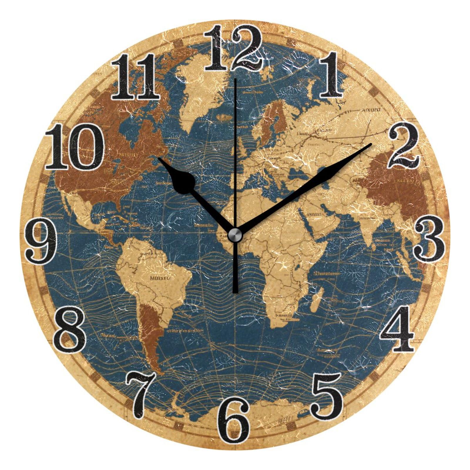Horloge murale vintage carte du monde 25 cm pour deco de cuisine et salon retro