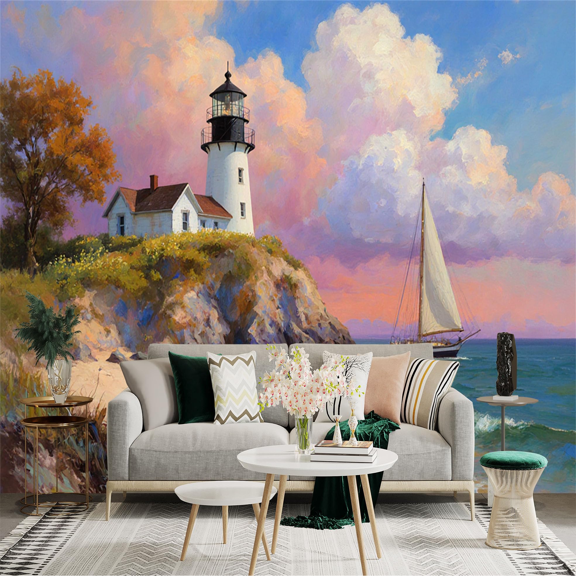 Custom Size Wall Sticker Mural， Scenic Lighthouse by the Ocean， Peaceful Sailboat on Calm Waves， Vibrant Sunset Clouds， Coastal Landscape Art， for wall Decoration， peelandstick wall Decals.