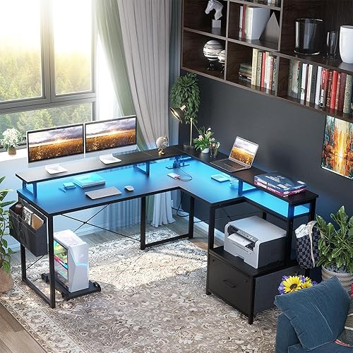 Miniatura 2 de Hyomdeck Escritorio en forma de L con toma de corriente y tira LED, escritorio reversible en forma de L con cajón de archivos, escritorio de esquina