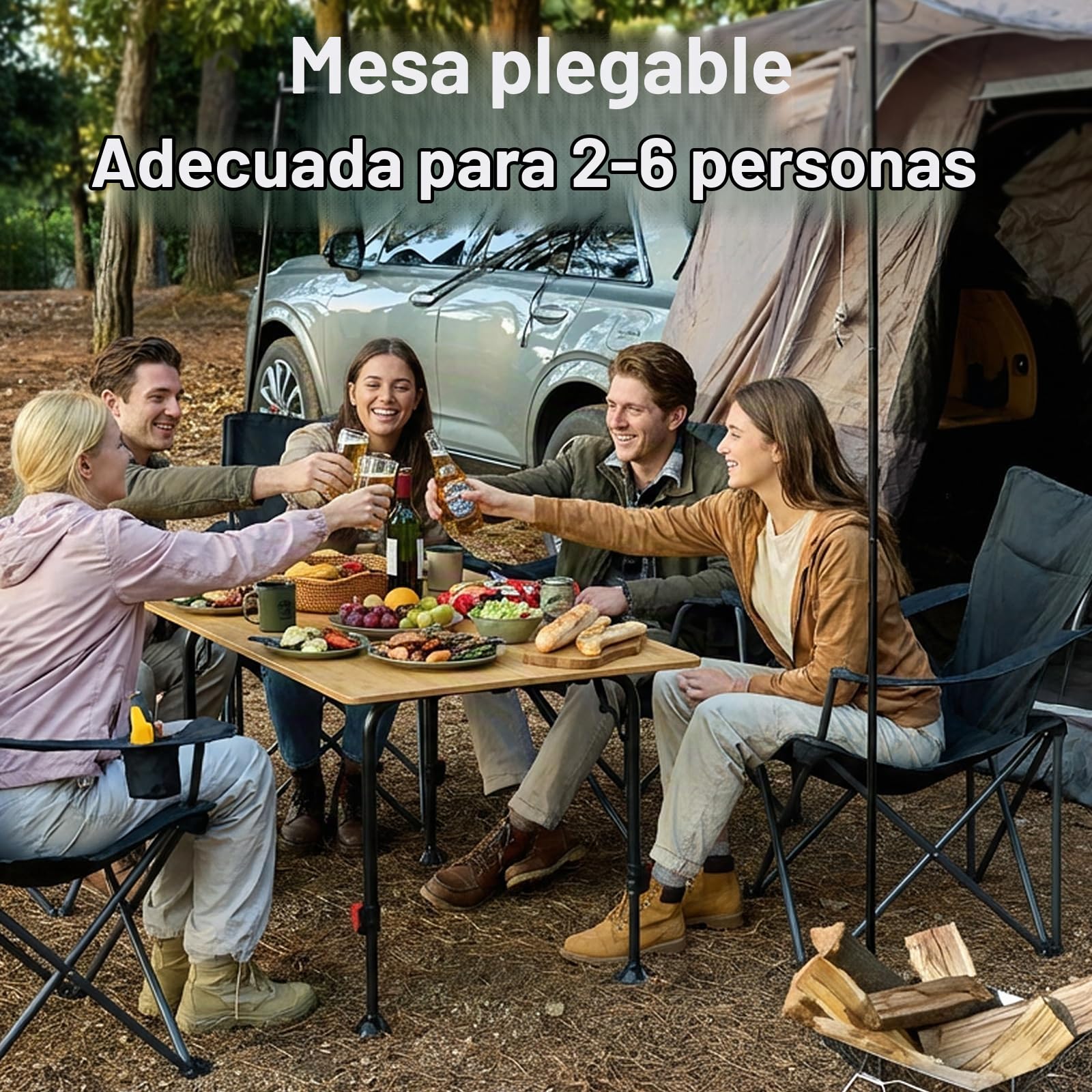 TIMBER RIDGE Mesa de camping plegable de bambú, altura regulable