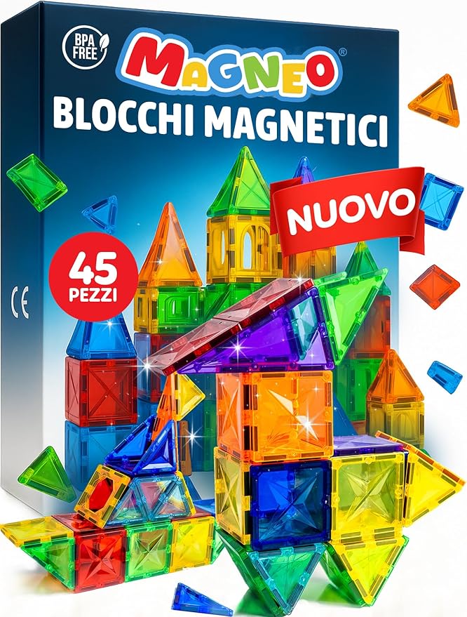 Blocchi magnetici (45 pezzi) – Blocchi magnetici per bambini a partire dai 3 anni – Giocattolo magnetico educativo – Gioco magnetico creativo con potenti magneti – Idea regalo