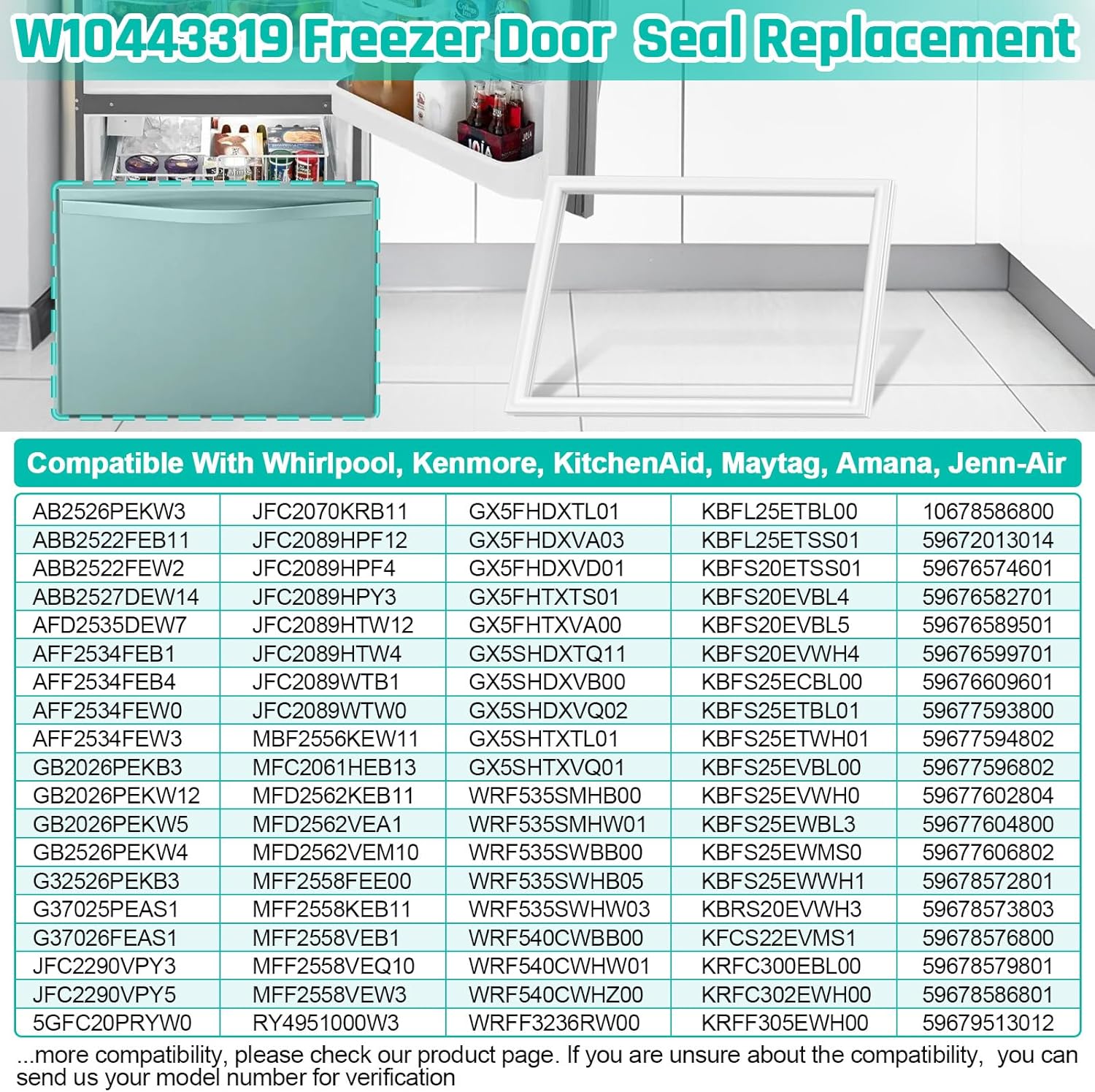Upgraded W10443319 Refrigerator Freezer Door Gasket Replacement Compatible with Whirlpool Kenmore Maytag, Jenn Air, Amana & KitchenAid Freezer Door Seal Replaces W10133249, W10571960,W10164040