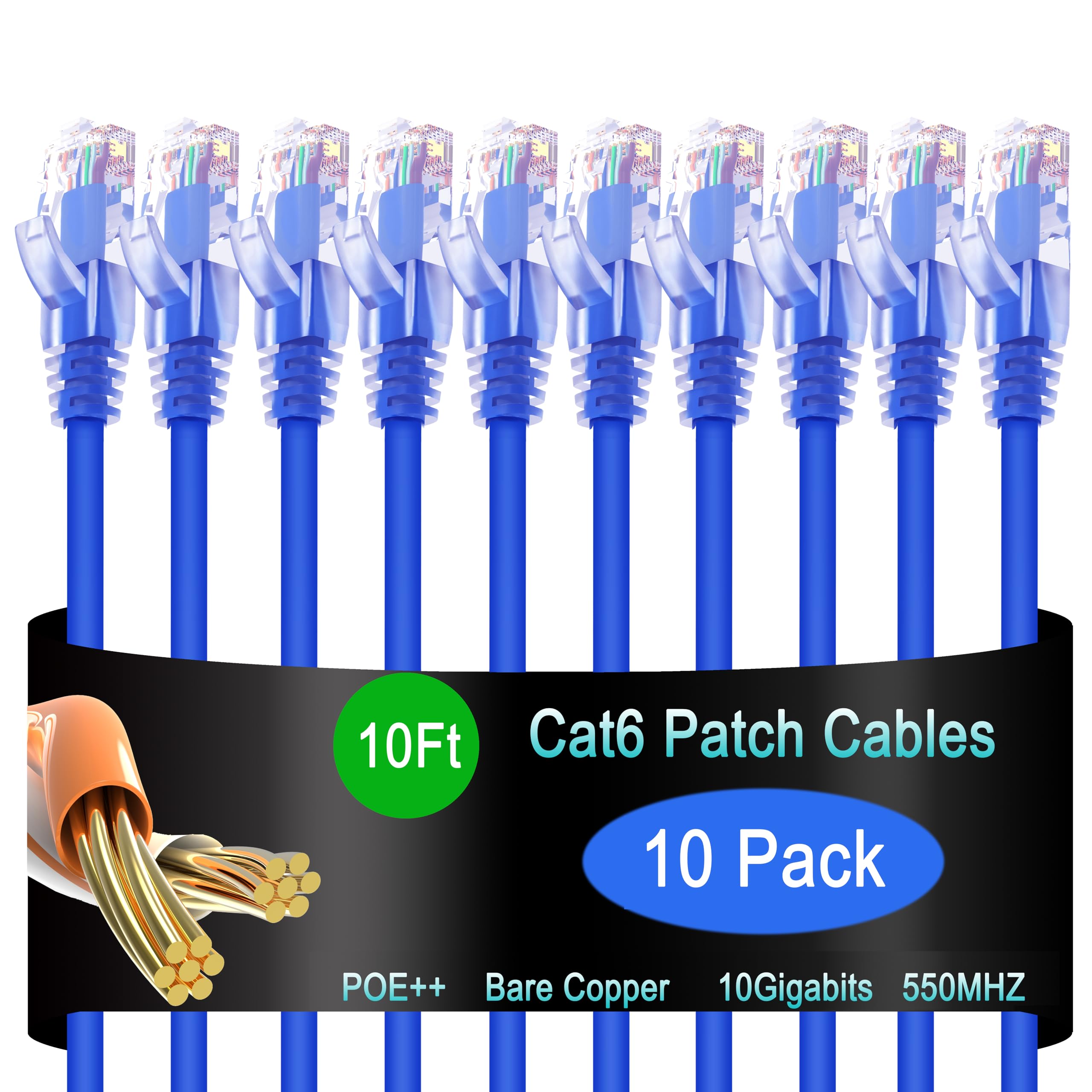 Lysymixs Cat6 Ethernet Patch Cable 10 ft (10 Pack), Cat6 Patch Cable for Data Centers, Cat 6 Cable 10G, Network Patch Cables for Home and Enterprise