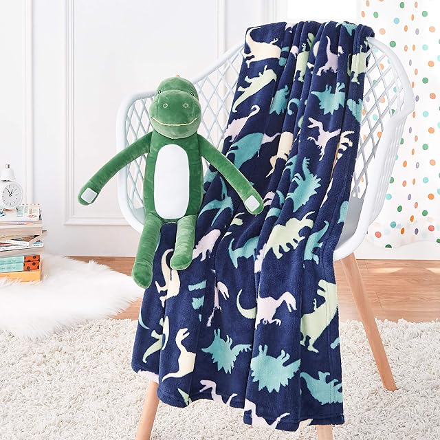 Amazon Basics Kids' Dinosaur Squad Patterned Throw Blanket with Dinosaur Soft Toy