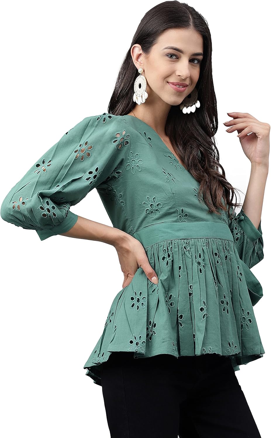 Janasya Women's Cotton Green Schiffli Casual Wear Top for Women - Image 4