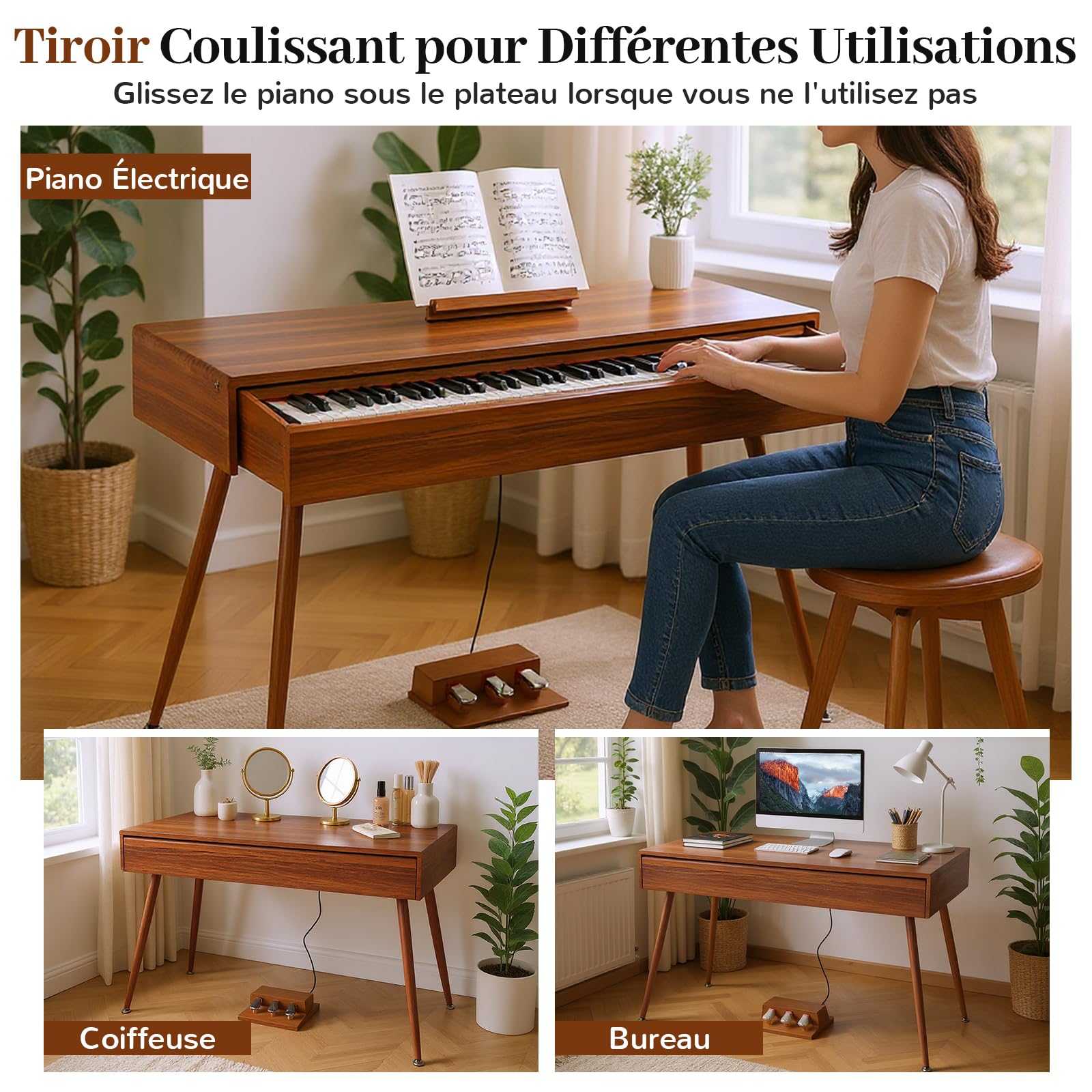 COSTWAY Piano Numérique 88 Touches avec Tiroir & Pupitre Amovible, Clavier Piano Électrique avec 3 Pédales & Enregistrement & Lecture, Haut-Parleurs, USB MIDI, 800 Tonalités pour Débutants