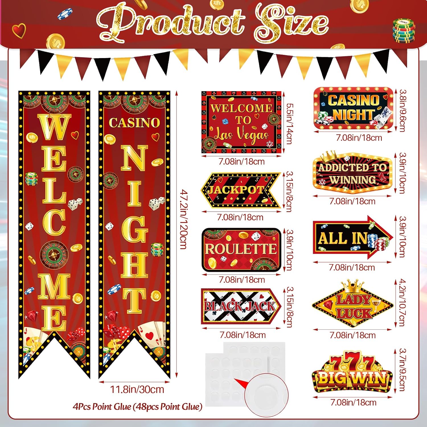 14Pcs Casino Theme Party Decorations, Welcome Casino Night Hanging Door Banner Pennant and Las Vegas Porch Sign Cards Cutouts for Game Night Poker Chip Dice Birthday Party Supplies