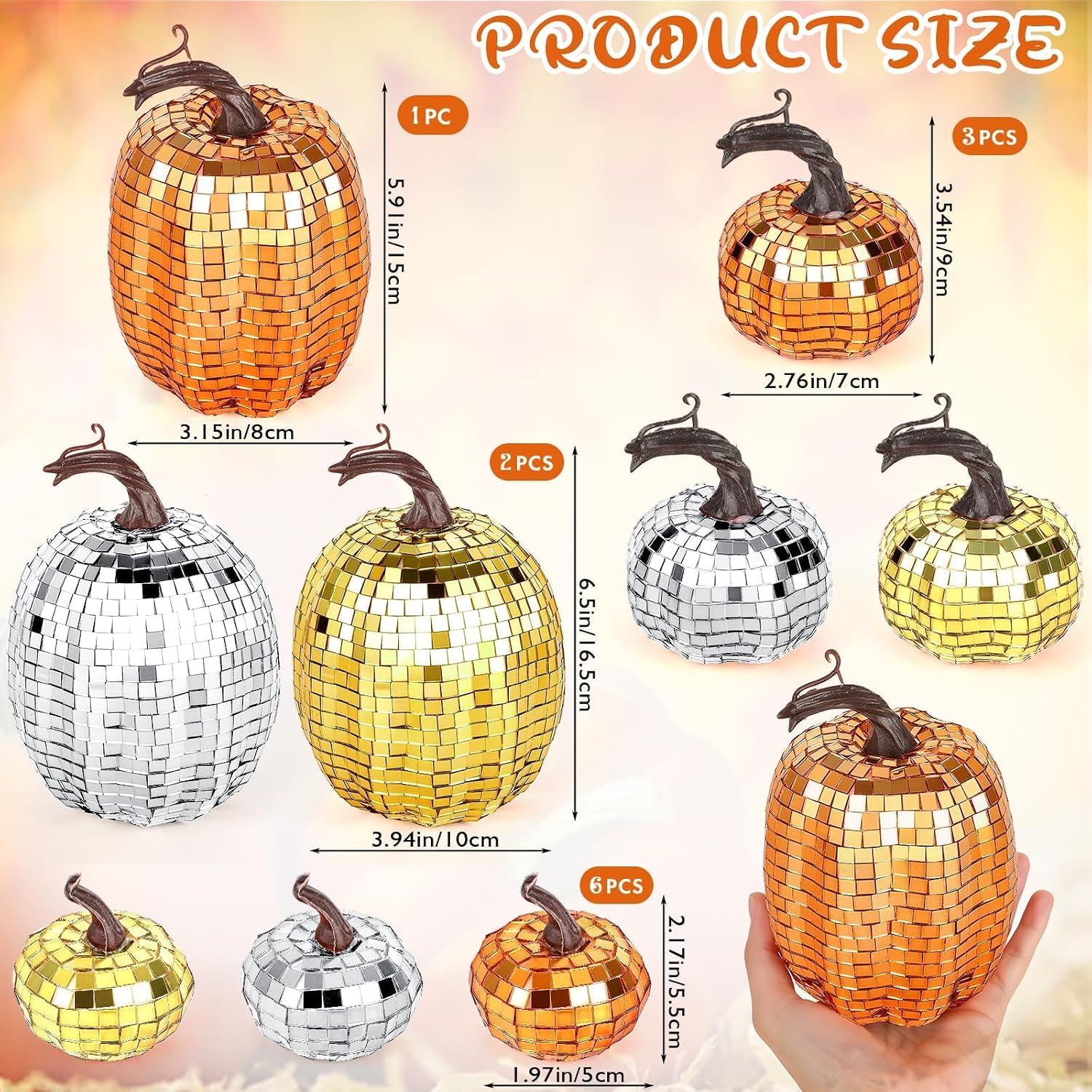 12 Pcs Large Artificial Disco Pumpkin Glitter Mirror Fall Pumpkin Table Centerpiece Decor Autumn Assorted Harvest Sparkly Pumpkins Hanging for Farmhouse Halloween Autumn Thanksgiving Home Decorations