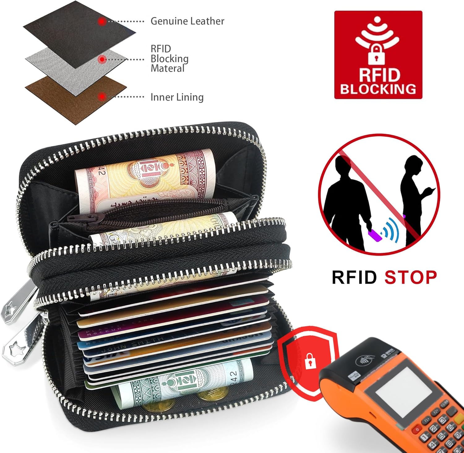 CONISY RFID Credit Card Holder for Women, Genuine Leather Printed Zip Around Small Accordion Wallet for Ladies (Silver Rose) - Image 4