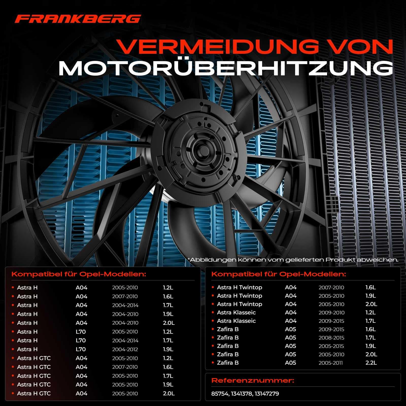 Frankberg Kühlerlüfter Ventilator Motorkühlung Kompatibel mit Astra H A04 1.2L 2005-2010 Astra H L48 1.6L-2.0L 2004-2014 Zafira B A05 1.6L-2.2L 2005-2015 Replace# 13147279