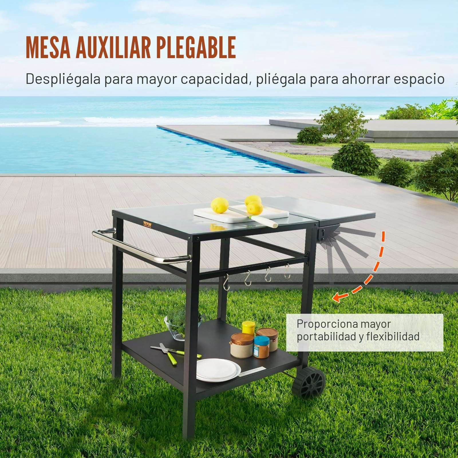 VEVOR Carrito de Comedor para Barbacoa al Aire Libre con Estante Doble, Mesa Móvil de Preparación de Alimentos para Barbacoa, Mesa de Hierro Plegable Multifuncional, Carros Modulares para Exteriores